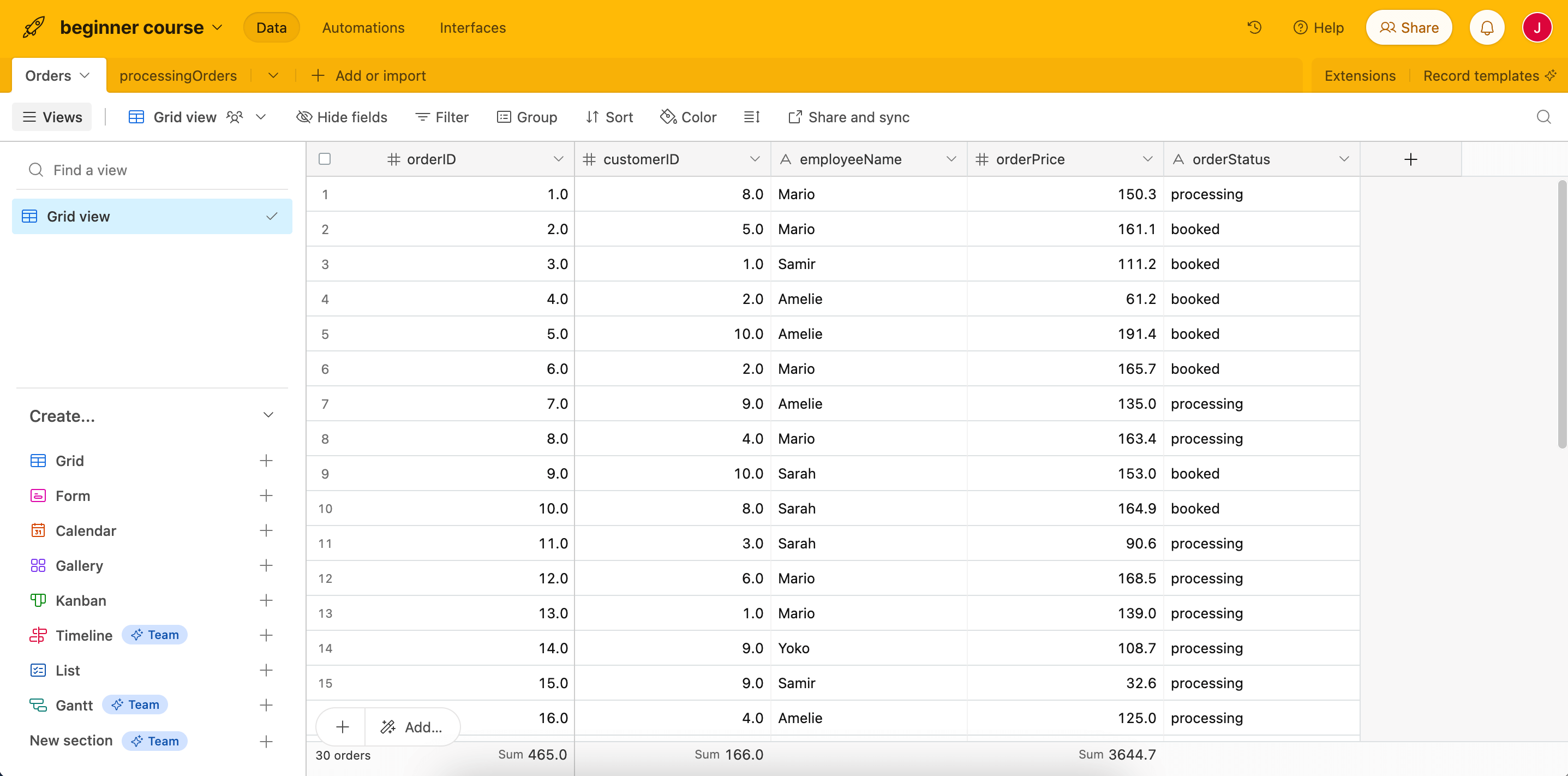 Imported records in the orders table